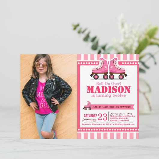 Roze Roller Schaats Sport Birthday Foto Kaart (Staand voorkant)