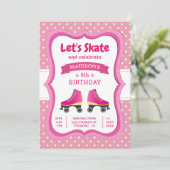 Roze Roller Skate Kinderen Schaatsen Verjaardagsfe Kaart (Staand voorkant)