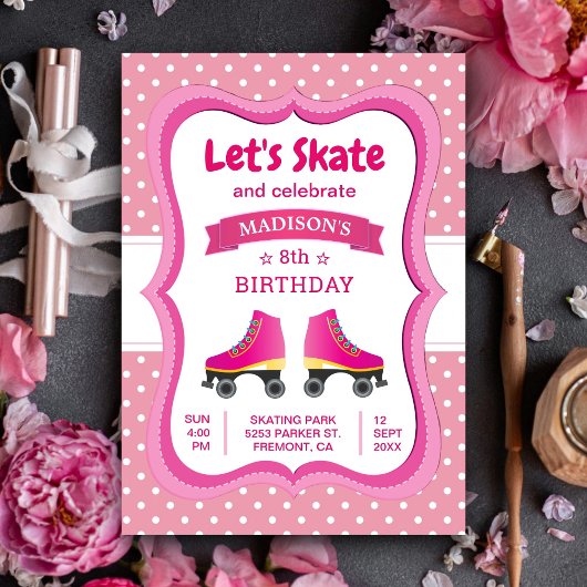 Roze Roller Skate Kinderen Schaatsen Verjaardagsfe Kaart