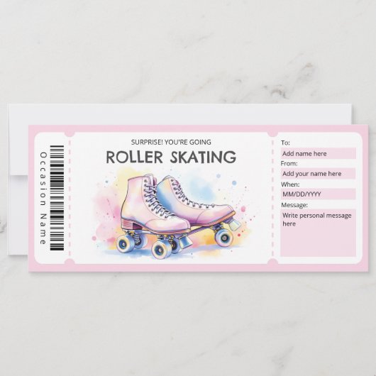Roze Roller Skate Ticket Cadeau Certificaat Kaart (Voorkant)