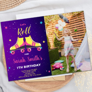 Roze Roller-verjaardagsuitnodigingen met foto's Kaart