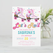 Roze Rolschaatsen Meisjes Verjaardagsfeestje Kaart (Staand voorkant)
