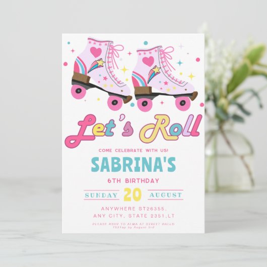 Roze Rolschaatsen Meisjes Verjaardagsfeestje Kaart (Staand voorkant)