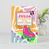 Roze Rolschaatsen Verjaardag KLEURRIJKE Retro Kaart (Staand voorkant)