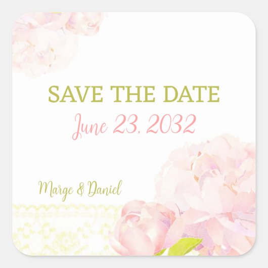 Roze Romance Peony Wedding Save the Date Vierkante Sticker (Voorkant)