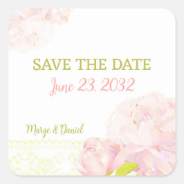 Roze Romance Peony Wedding Save the Date Vierkante Sticker