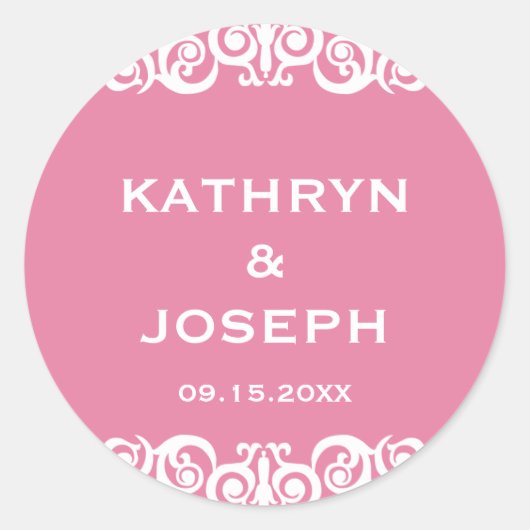 Roze romance Victoriaans scroll bruiloft gunst lab Ronde Sticker (Voorkant)