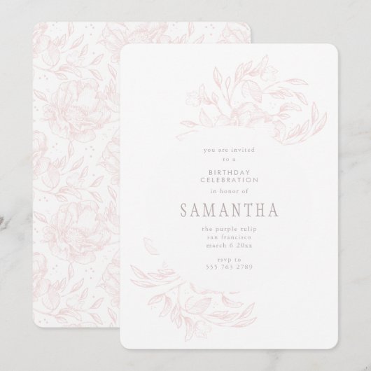 Roze Romantic Drage Floral Birthday Uitnodiging (Voorkant / Achterkant)