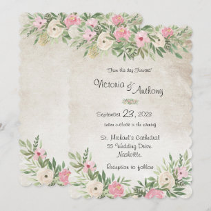 Roze Romantic Floral  Scalloped Wedding Kaart