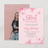 Roze Romantische bloemenfoto waterverf Sweet 16 Kaart (Voorkant / Achterkant)