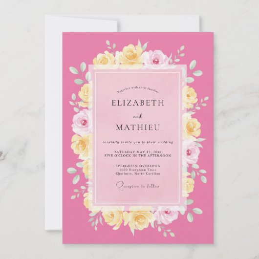 Roze Romantische Bloemige Bruiloft Kaart (Voorkant)