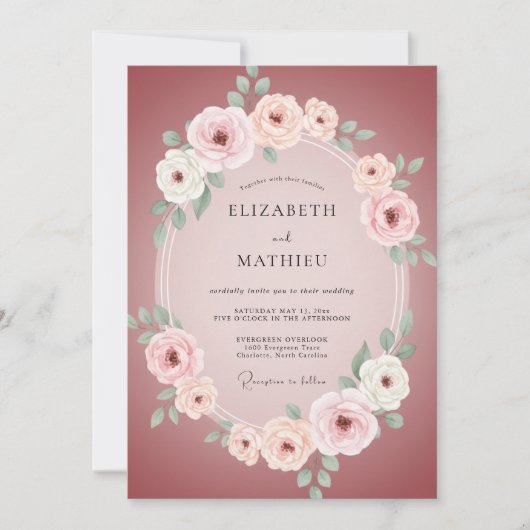 Roze Romantische Bloemrijke Bruiloft Kaart (Voorkant)