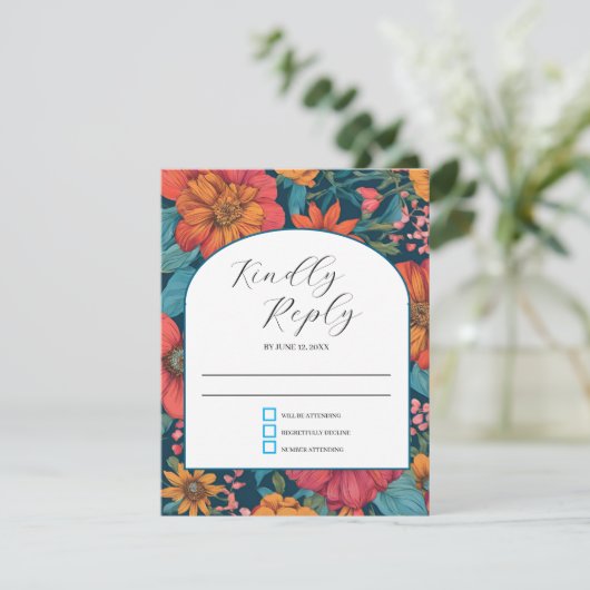  Roze Romantische bruiloft RSVP Kaartje (Staand voorkant)