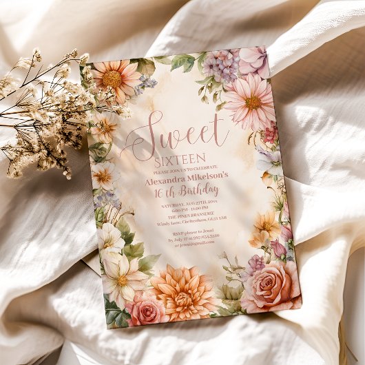 Roze Romantische Pastel Wildflowers Sweet 16 Kaart