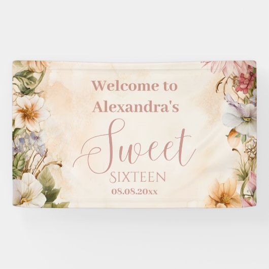 Roze Romantische Pastel Wildflowers Sweet 16 Spandoek (Horizontaal)