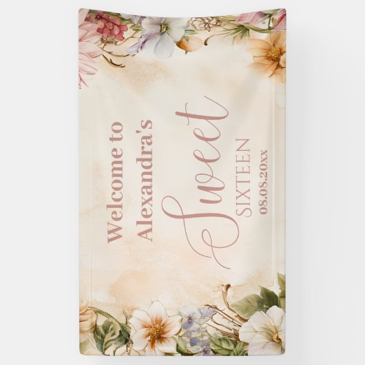 Roze Romantische Pastel Wildflowers Sweet 16 Spandoek (Verticaal)