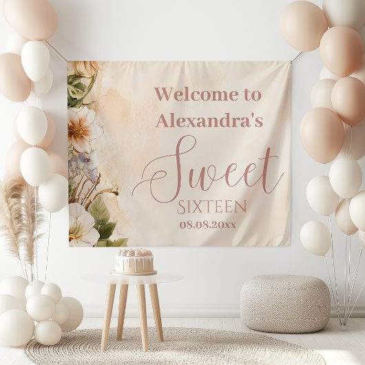 Roze Romantische Pastel Wildflowers Sweet 16 Spandoek