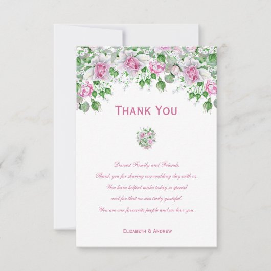 Roze Romantische Rozen bruiloft bedankkaart (Voorkant)