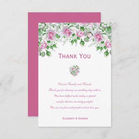 Roze Romantische Rozen bruiloft bedankkaart (Voorkant / Achterkant)