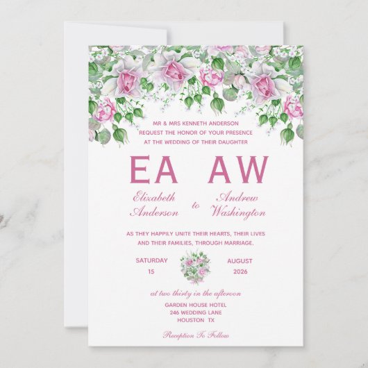 Roze romantische Rozen bruiloft Kaart (Voorkant)