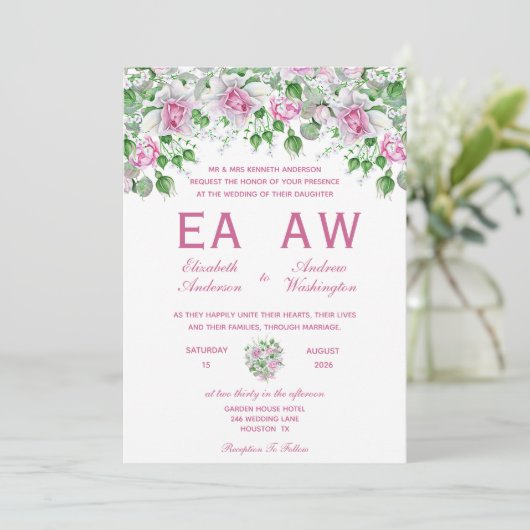 Roze romantische Rozen bruiloft Kaart (Staand voorkant)