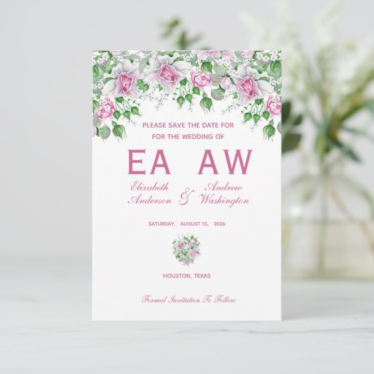 Roze romantische Rozen bruiloft Save The Date (Staand voorkant)