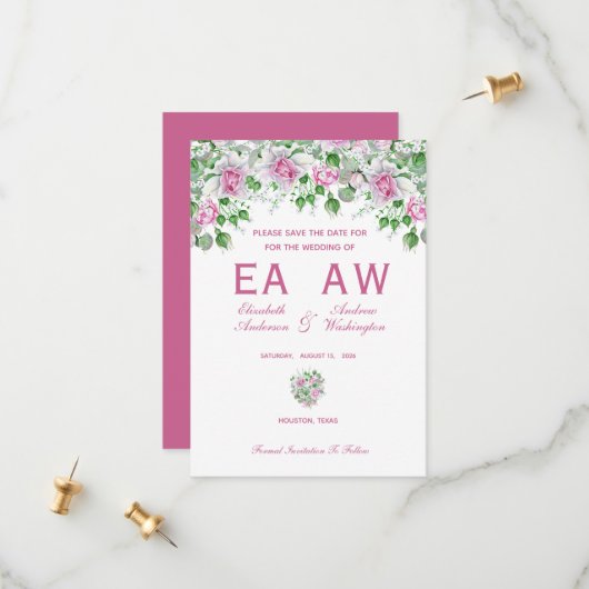 Roze romantische Rozen bruiloft Save The Date (Voorkant / Achterkant in situ)