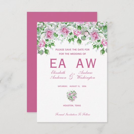 Roze romantische Rozen bruiloft Save The Date (Voorkant / Achterkant)