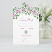 Roze Romantische Rozen Bruiloftsmenu RSVP Kaartje (Staand voorkant)