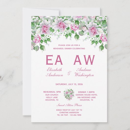 Roze Romantische Rozen Huwelijksrepetitie Diner Kaart (Voorkant)