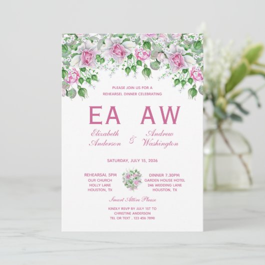 Roze Romantische Rozen Huwelijksrepetitie Diner Kaart (Staand voorkant)