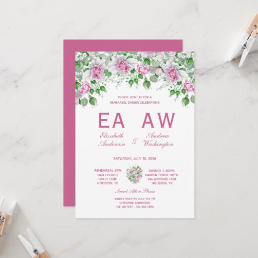Roze Romantische Rozen Huwelijksrepetitie Diner Kaart (Voorkant / Achterkant in situ)