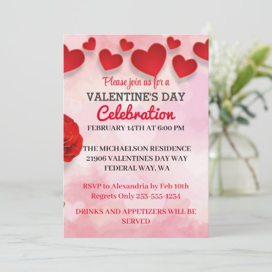 Roze Romantische Valentijnsdag Liefdesfeest Uitnod Kaart (Staand voorkant)