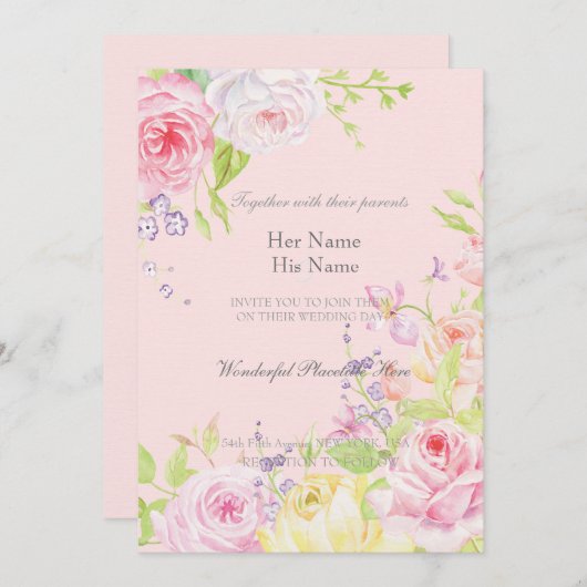 Roze Romantische Waterverf Rozen bruiloft Kaart (Voorkant / Achterkant)