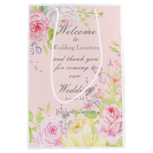 Roze Romantische Waterverf Rozen bruiloft Medium Cadeauzakje (Voorkant)