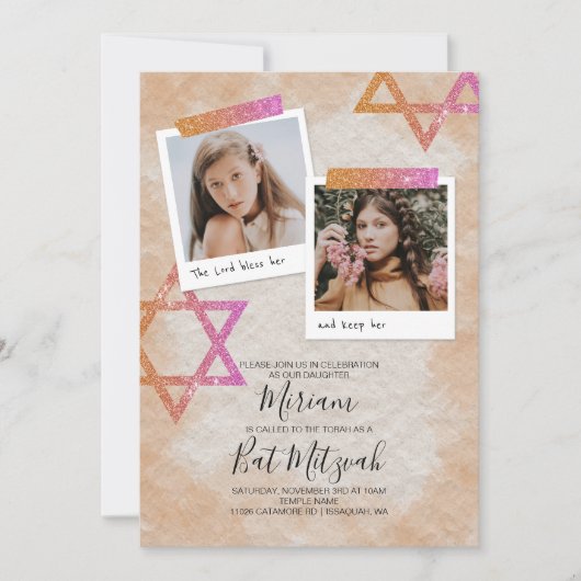 Roze, romige Oranje vleermuis Mitzvah Sparkle Star Kaart (Voorkant)