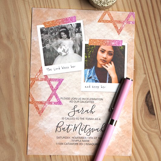 Roze, romige Oranje vleermuis Mitzvah Sparkle Star Kaart