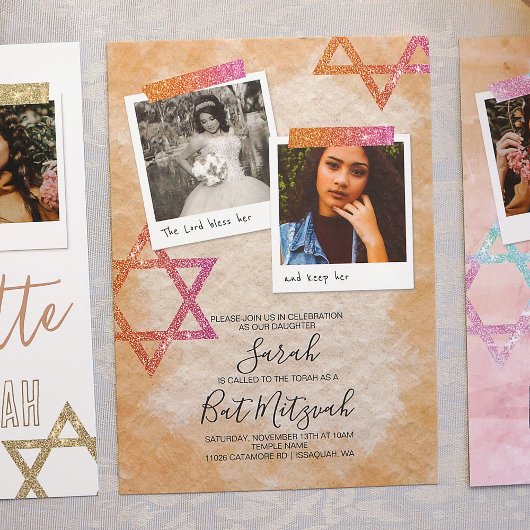 Roze, romige Oranje vleermuis Mitzvah Sparkle Star Kaart