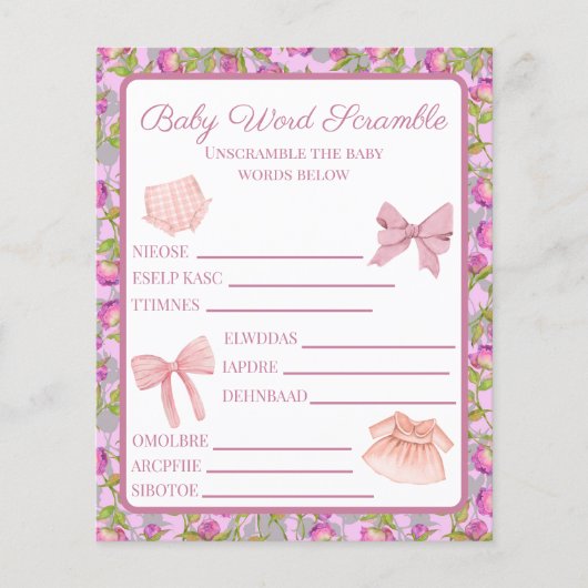 Roze rommel Baby shower Word Scramble (Voorkant)