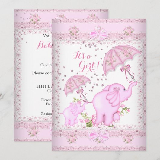 Roze rommel olifant Baby shower Girl Kaart (Voorkant / Achterkant)