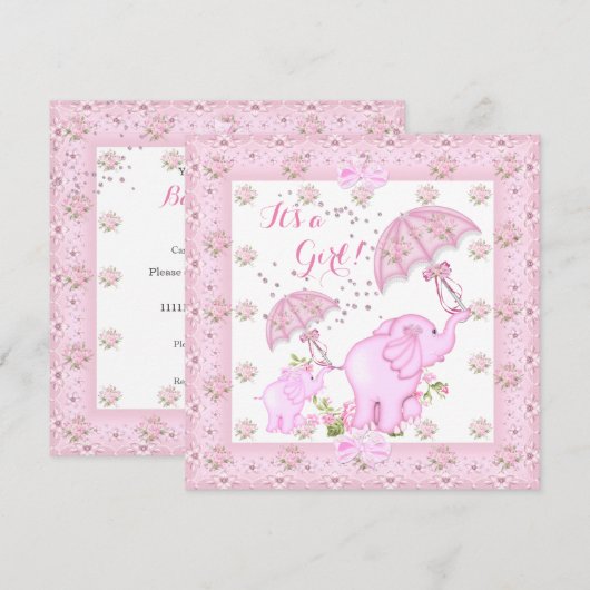 Roze rommelachtige olifant Baby shower meisje 2 Kaart (Voorkant / Achterkant)