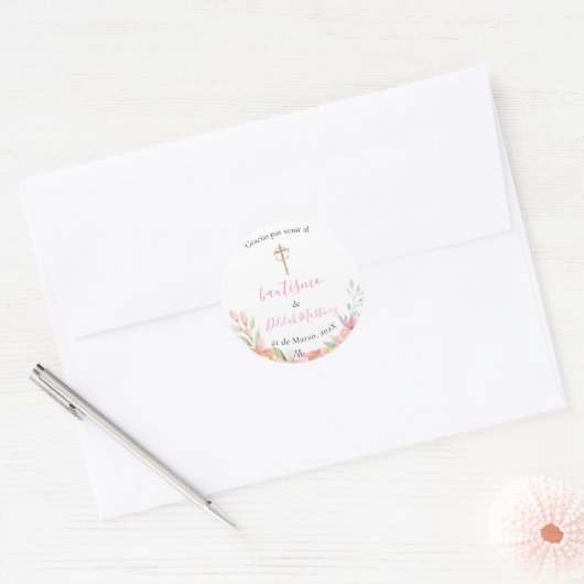Roze ronde doop sticker (Envelop)