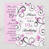 Roze rondjes 19e Birthday Party Invitation Card Kaart (Voorkant / Achterkant)