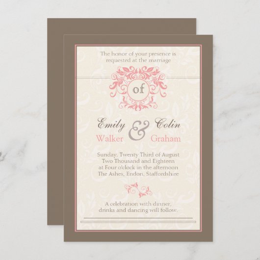 Roze rondjes op bleke crème bruiloft kaart (Voorkant / Achterkant)