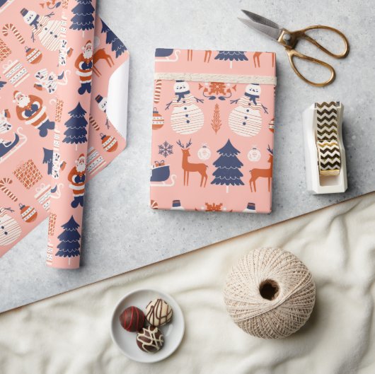 Roze Rood Blauw Illustratieve Stijl in Kerstmis Cadeaupapier (Crafts)
