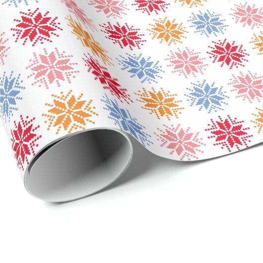Roze Rood Blauw Sinaasappel Pixel Sneeuwvlokpatroo Cadeaupapier (Rol Hoek)