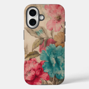 Roze Rood Blauw Waterverf Bloemen iPhone 16 Hoesje