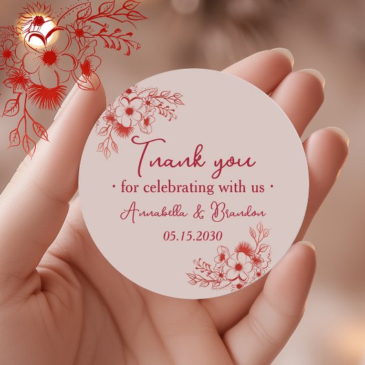Roze Rood Bloem Bruiloft Dank Je Ronde Sticker
