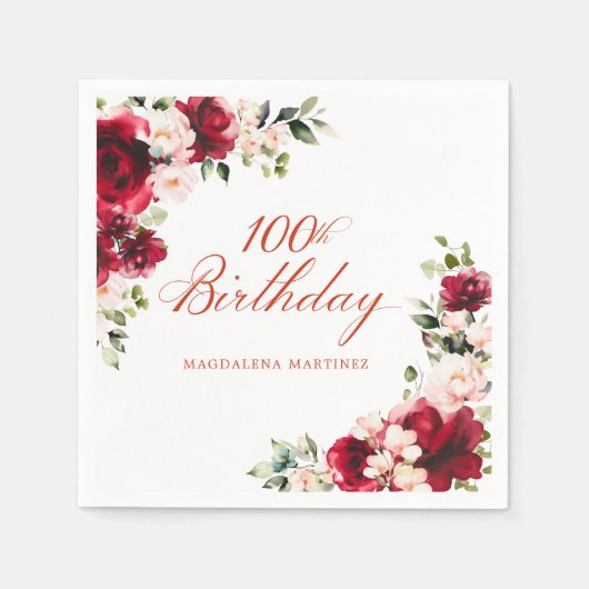 Roze Rood Bloemen 100e Verjaardag Custom Cocktail Servet (Voorkant)