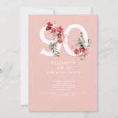 Roze & Rood Bloemen Elegant 90ste Verjaardagsfeest Kaart (Voorkant)